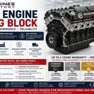 Remanufactured gas engine long block for GM, Ford, Chrysler, Toyota, Honda, Nissan and other automotive applications by Engines Factory